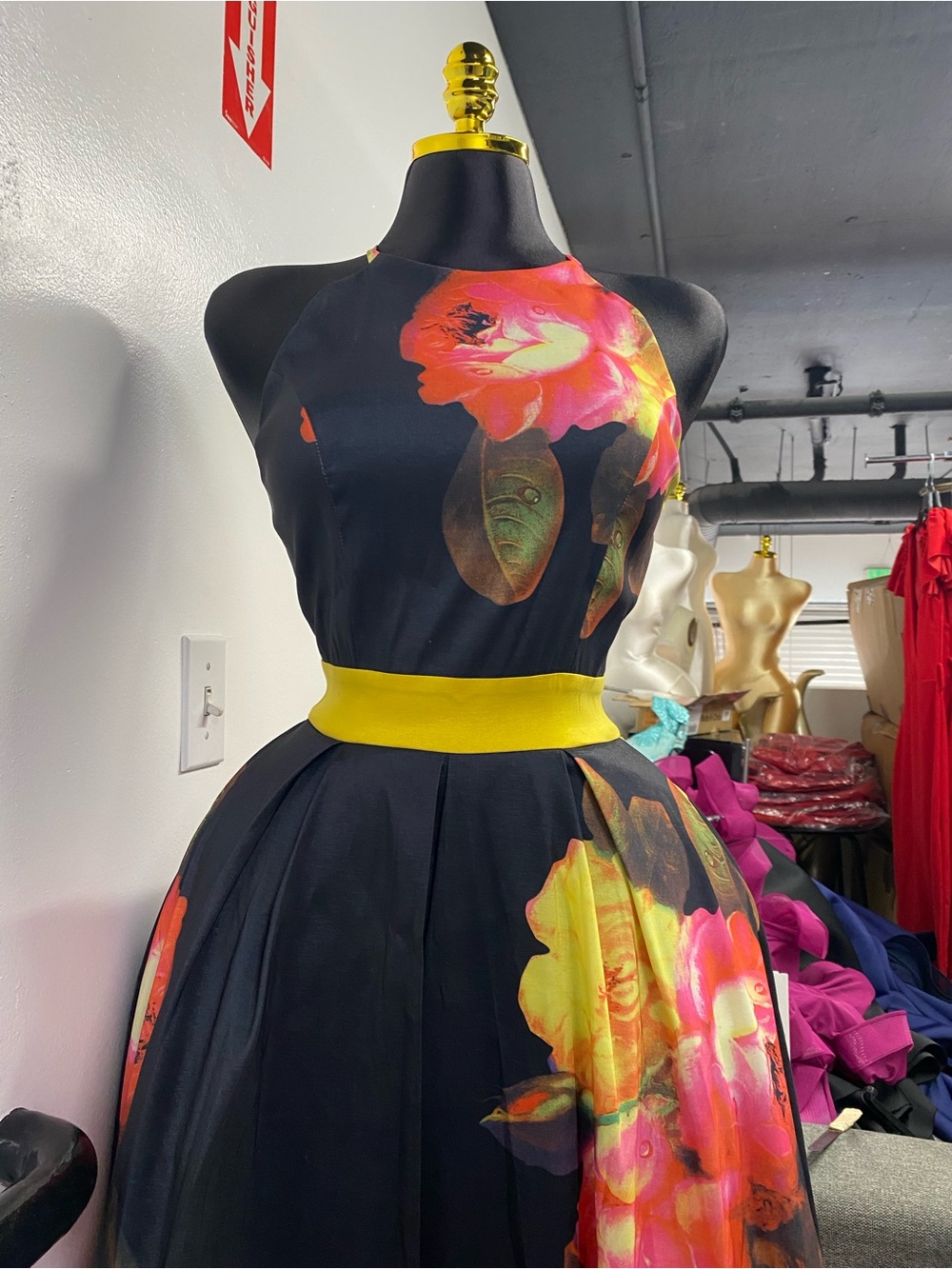 Floral Halter Fit-and-Flare Dress in Black and Yellow